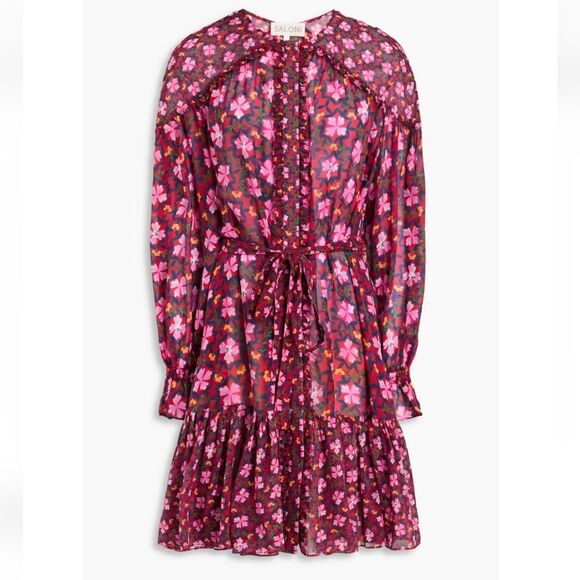 Saloni Pixie Silk Chiffon Floral Print Ruffled Mini Dress Size 6 Pink Red - Picture 1 of 16